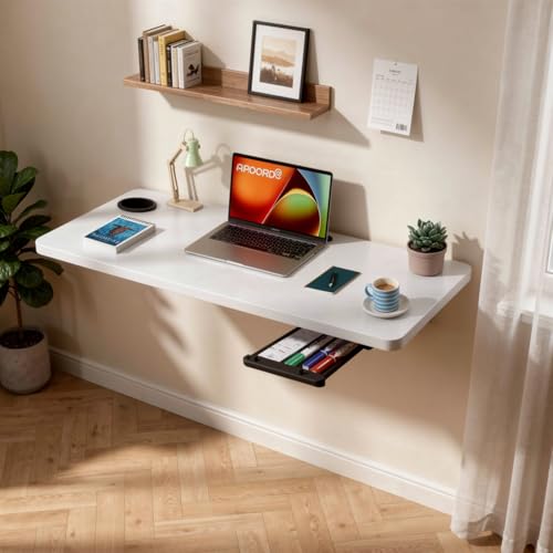 Image of wow craft Wall-Mounted Multipurpose Study Table for Home & Office | Foldable Wooden Desk with Drawer, Cable Slot & Cup Holder | Space Saving Workstation - 31x18.5 Inches (Matte White)