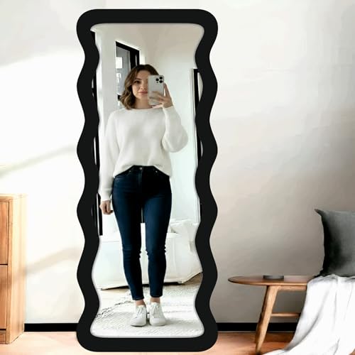 Image of Creative Arts n Frames 22 x 52 inch Full Length Dressing Chevel Long MDF Wood Zigzag Curvy Irregular Shape Framed HD Mirror Home Decor Items (Classic Black Zigzag2 Full Length Mirror)