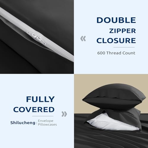 Shilucheng 100% Cotton California King Size Duvet Covers - 600 Thread Count, Luxury Sateen Weave Egyptian Cotton Comforter Cover with Zipper Closure,Hotel Bedding Duvet Covers 3 Piece (Black)