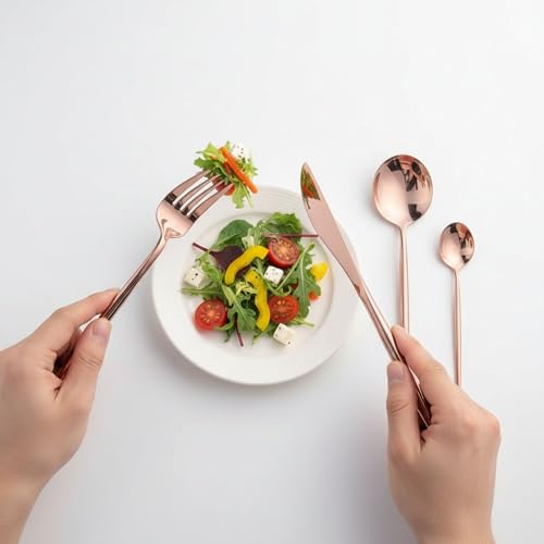 Image of Slim Handle Rose Gold 15 Pcs Stainless Steel Cutlery Set for Dining Table, Dishwasher Safe Glossy Flatware (3 Spoon Set+3 Forks Set+3 Butter Knife+3 Dessert Spoon+ 3 Fruit Fork)