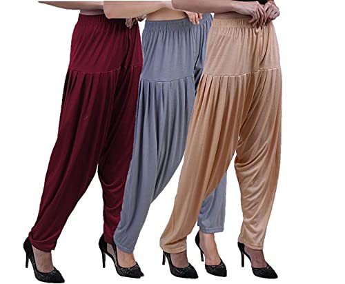 Image of CASUALS Women's Regular Fit Viscose Drawstring Patiala Harem Pants Combo Pack 3