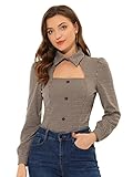 Allegra K Choker Top for Women's Gothic Long Sleeve Cutout Plaid Houndstooth Blouse X-Small Brown