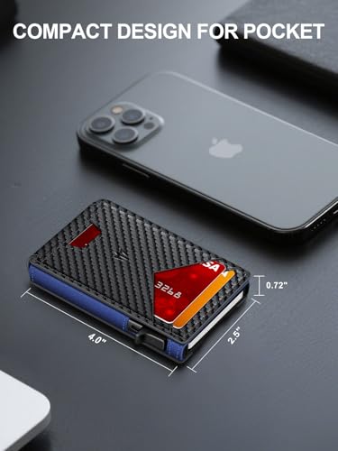 Image of Wallet for Men, Slim Minimalist Wallet with Money Clip＆ID Window, RFID Blocking Pop-Up Credit Card Holder, Smart Auminum Mens Wallet Holds 9-13 Cards (Gift Box) (Carbon Fiber & Blue)