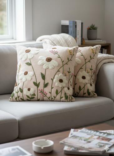 Image of CASA-NEST Linen Embroidery Cushion Cover, Size -16x16 inch, Pack of 2 pc, Decorative Sofa Cushion (Beige, 2)