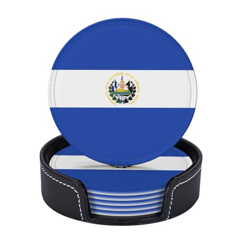 6 Stück El Salvador Flaggen-Leder-Untersetzer mit Halter für Getränke, hitzewiderstandsfähig, rutschfest, Nationalflagge, lustige Untersetzer für Holztisch, Kaffee, Bar, Küche, Dekoration, Einweihungsfeier