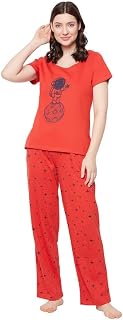 Women's Cotton Printed Top & Pyjama Set- Red