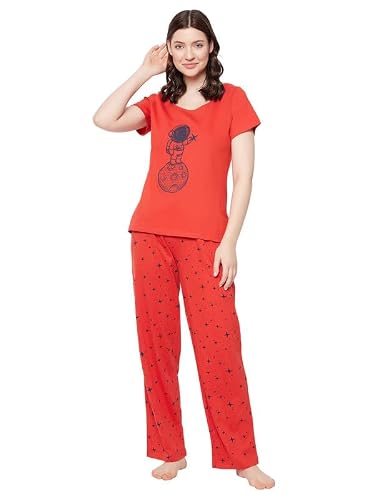 Clovia Women's Cotton Printed Top & Pyjama Set (LS0413F04_Red_S)