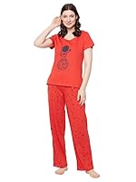 Clovia Women’s Cotton Printed Top & Pyjama Set- Red