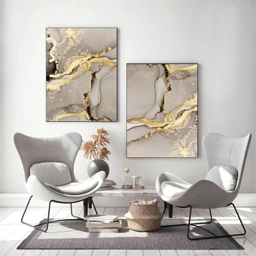 Marbre Beige Or Abstrait Mur Art Affiches Toile Déco Salon 50x70 Cadre Intérieur x2