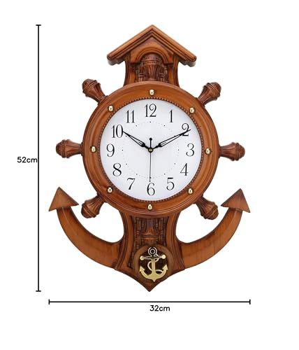 Image of Nautical Anchor Wall Clock, Wooden Design with Ship Wheel and Anchor Motif, Battery Operated (Brown)