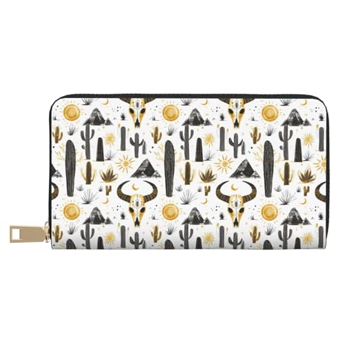 Leather Thin Slim Wallets for Women Men - Fashion Western Sheep Skull Black Print Card Wallet Holder with Zipper