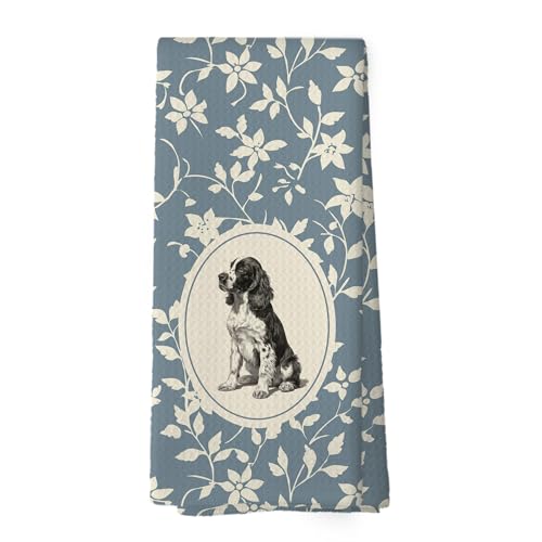 XPH Blue Floral Springer Spaniel Dog Kitchen Dish Towels, Springer Spaniel Gifts for Women, Dog Lovers Mom Gifts, Vintage Flower Cottagecore Hand Towel Kitchen Tea Towels Decorations, 16x24inch