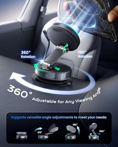 Image of MagSafe Car Charger Mount, 15W Fast Wireless Charging Phone Holder, 108LB Vacuum Suction Cup & 3800gf Strong Magnet, 360 Adjustable Dashboard Windshield Mount for iPhone 17 Pro Max /17 Air /16-12
