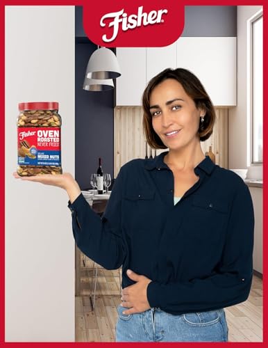Image of Fisher Oven Roasted Never Fried Deluxe Mixed Nuts, 24 Ounces, Almonds, Cashews, Pecans, Pistachios, Healthy Snacks for Adults, Made With Sea Salt, No Added Oil, Trail Mix, Gluten Free (Pack of 2)