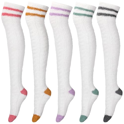 Shihanee 5 Pairs Women Thigh High Fuzzy Sock Striped over Knee Long Fluffy Socks Winter Coral Gift for Women Warm Soft Winter Stocking