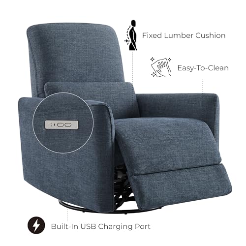 Image of CHITA Power Swivel Glider Recliner Chair, Nursery Glider, Fabric Ink Blue | FSC Certified Upholstery Rocking Chair, Power Lumbar Support, Reclining Chair for Living Room & Nursery