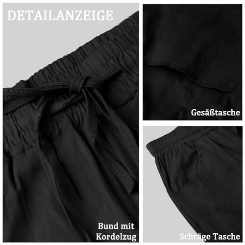 NANAMEEI Leinenhose Herren Lang Sommer Loose Fit Casual Strandhose Regular Fit Schwarz L