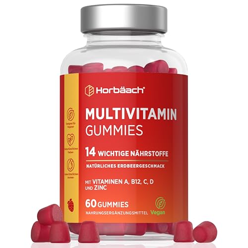 Multivitamin Gummies | 14 Vitamine und Mineralstoffen mit Jod, Vitamin C, A, D, E, Biotin, Zink & mehr | 60 Gummibärchen für Erwachsene | Natürliche mit Erdbeergeschmack | Horbaach