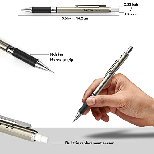 Nicpro 0.5 Mm Art Mechanical Pencils Set In Gift Case, 6 Pcs Metal Drafting Pencil 0.5Mm With 6 Tube Hb Lead Refills & 18 Pcs Eraser Refills For Adults, Children, Artist Writing, Drawing, Sketching #TOP3