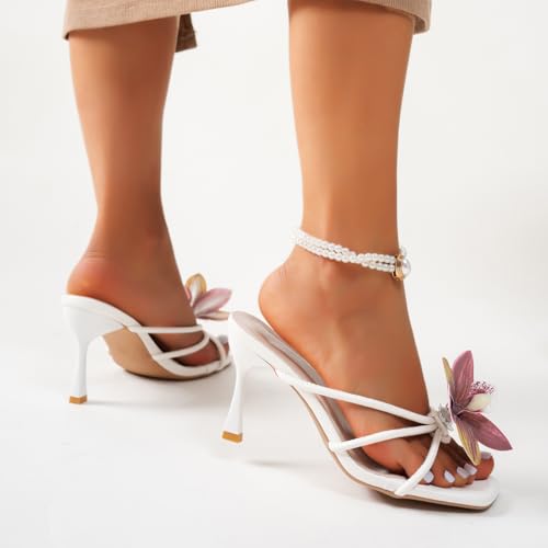 Women's White Leather High Heel Sandals - Floral Accent Square Toe Sandals with Pearl Anklet - Elegant Wedding & Party Shoes3