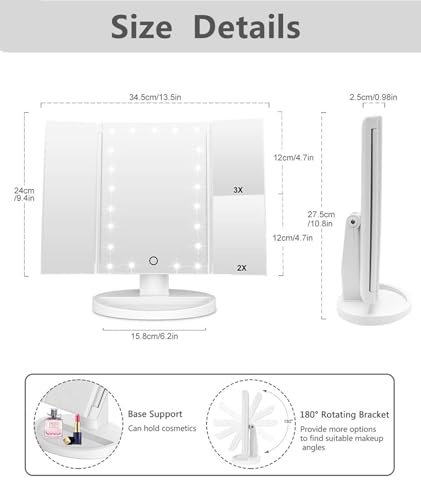 image for Flymiro Tri-fold Lighted Vanity Makeup Mirror with 3x/2x Magnification