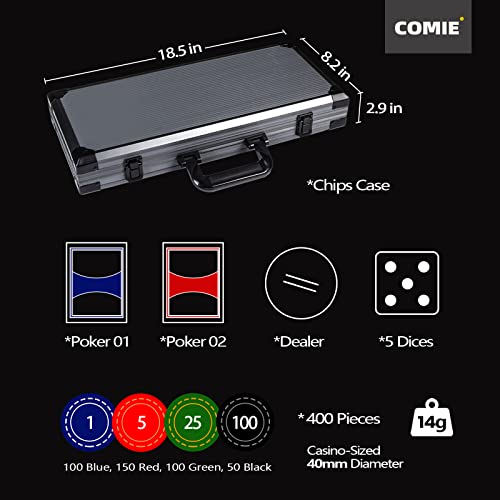 Image of Comie Clay Poker Chips,400PCS 14 Gram Chip Set with Deluxe Travel Case, Numbered Chips,Poker for Texas Holdem Blackjack Gambling