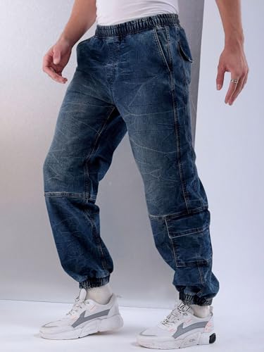 Image of The Indian Garage Co Men Loose Fit Solid Mid-Rise Stretchable Denim Joggers