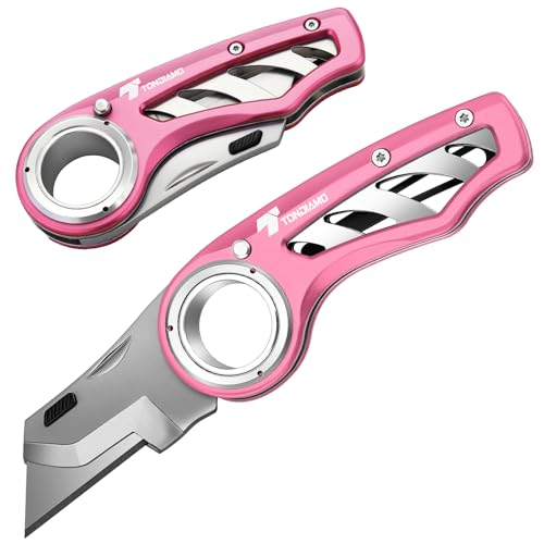 Image of Tondiamo 2 Pcs Folding Pocket Utility Knife Heavy Duty Box Cutter Folding Razor Knife with Anti Slip Finger Loop Easy Change Blades 3 Lock Positions Design (Pink)