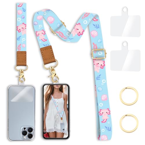 Image of Yonlevres Phone Lanyard Crossbody Strap Wrist Neck Adjustable Women Blue | Cute Axolotls Cell Phone Lanyard for Travel, Hands-free, Fit Keys ID Badge, for Full-coverage Phone Case, Accessories, Gift