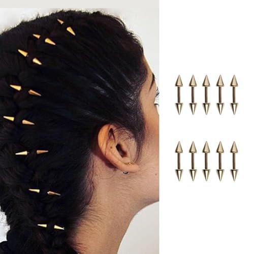 Goth Hair Accessories for Women Men Black -10PCS Titanium Steel Spike Hair Jewelry Braids Dreadlocks Rock Punk (Gold)