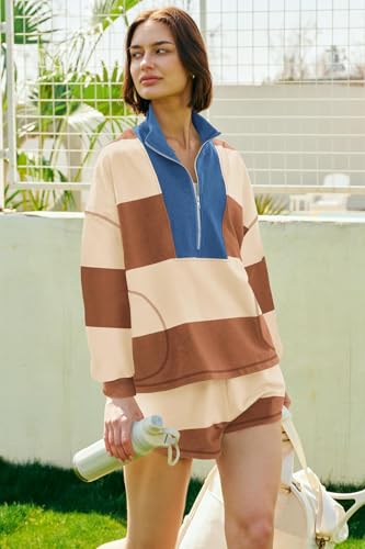 ReachMe Womens Striped Workout Sets 2 Piece Fall Outfits Matching Lounge Sets Long Sleeve Tops and Shorts with Pockets3