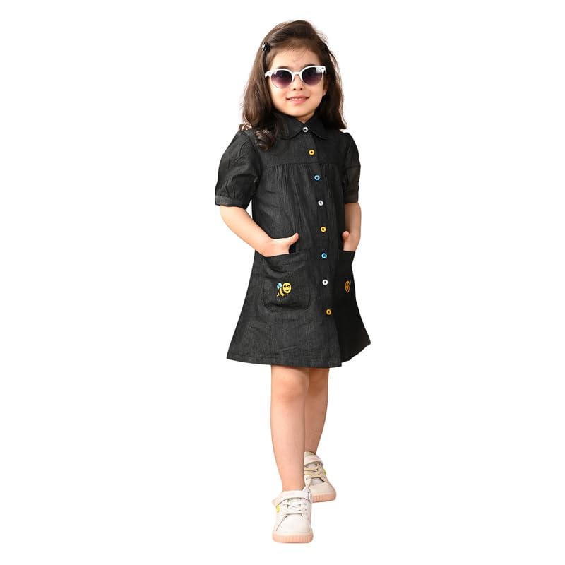 Image of superminis Girls Denim Solid Color Half Sleeves Dress with Embroidered Pocket (1 Dress)