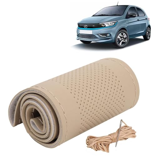 Image of KINGSWAY PU Leatherite Car Steering Cover Sewable Compatible with Tata Tiago EV (Year 2023 Onwards), Beige Color with Beige Thread, Pack of 1 with Sewing Needle and Thread