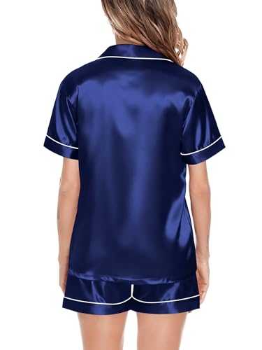 Image of SWOMOG Satin Matching Pajamas Sets Couple Silk Button Down Nightwear Women & Men Short Sleeve Sleepwear 2 Pieces Loungewear