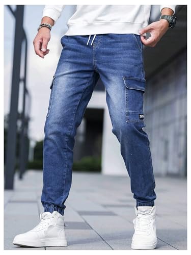 OYOANGLE Men's Flap Pocket Jogger Cargo Jeans Drawstring Waist Skinny Denim Pants Trousers3