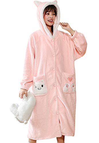 Honeystore Women's Fleece Warm Robe Long Animal Printed Bathrobe with Hooded 1913 Pink Cat M