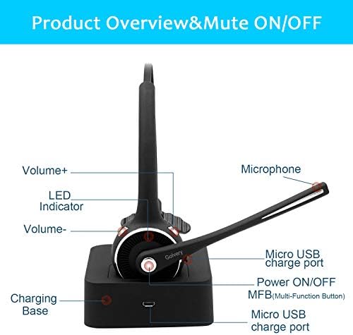 Golvery Bluetooth Headset with Mic for Phone, Office Wireless On-ear Headphones for Office Call Center PC Skype, Noise Cancelling Mic, 15 Hours Talking Time, 200 Hrs Standby, Multi-point, Mute ON/OFF