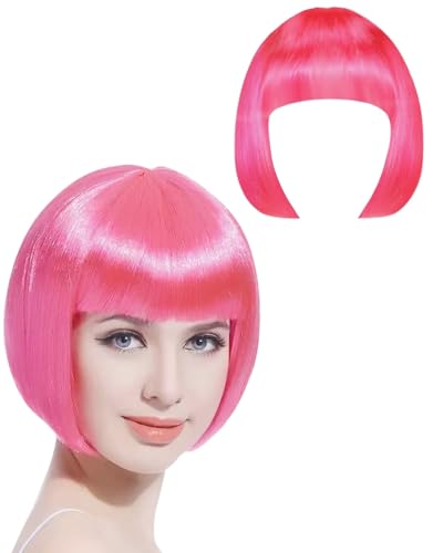 HUVZOR Perruque Coupe au Carré 28cm Rose - Style Bob Classique avec Frange Unique Fêtes et Carnaval | Confortable avec Bonnet Intégré et Design Respirant...