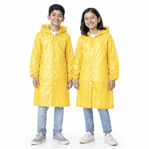 Image of Robustt Kids Eva Raincoat for Boys & Girls (8-16 Years) with Full Sleeves with Elastic Cuff | Unisex Hooded Kids Rain Coat with Drawstring | Reusable Raincoat with Snap Button Closure | Knee Length