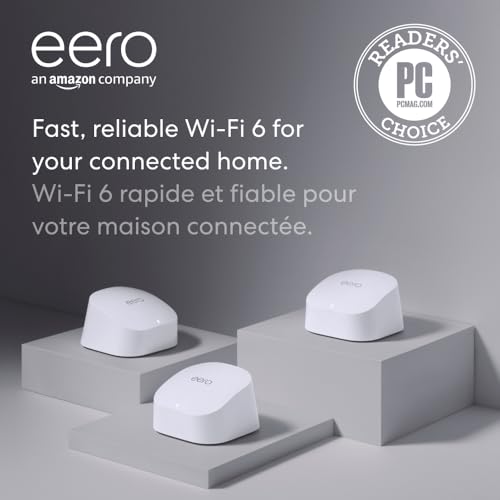 Amazon eero 6 système wifi maillage - Supporte les plans d'internet jusqu'à 500 Mbps, couverture jusqu'à 420 m2, Connexion 75+ les dispositifs, 3-pack (1 routeur + 2 d'extensions)