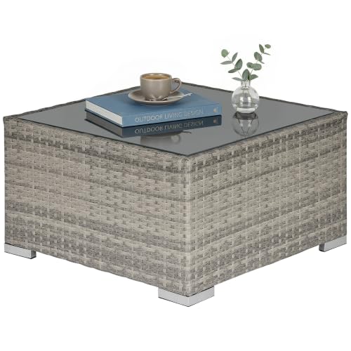 Image of Outsunny Rattan Garden Coffee Table Tempered Glass Top 65 cm Grey