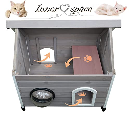 Rockever Outdoor Cat House, Waterproof Feral Cat House for Outdoor Cats with Escape Door and Clear Windows for 2 Cats (Grey)