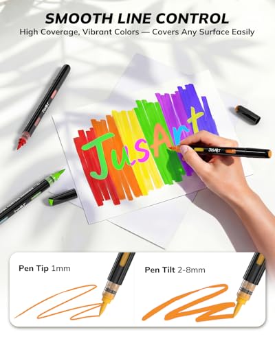 Image of JusArt Acrylic Brush Markers, 72 Colors Brush Tip Acrylic Marker Set, 36 Dual-Tip Water Based No Bleed Markers with Automatic Ink Control for Wood, Rock, Fabric, Canvas, Glass, Eggs & DIY Crafts