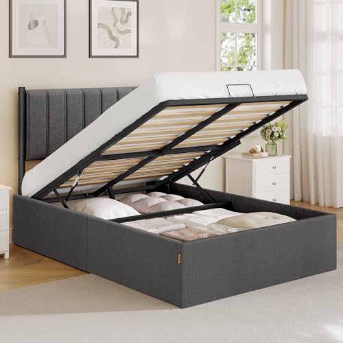 VASAGLE Small Double Bed Frame 120 x 190 cm Ottoman Bed with Lift-Up Storage Hydraulic Lift Modern Minimalist Easy Assembly Slate Grey RMB610GN01