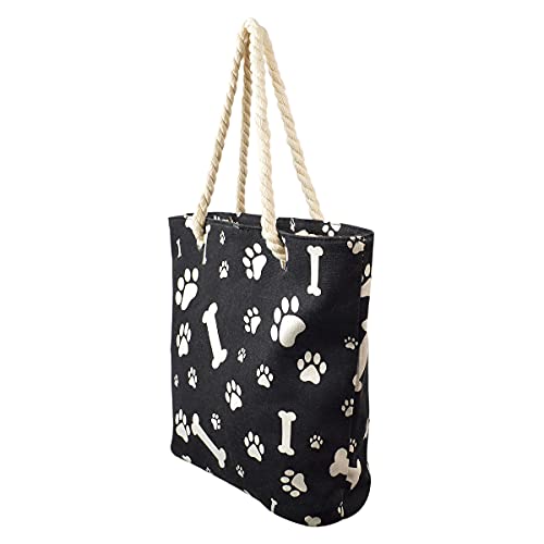Premium Dog Cat Puppy Kitty Animal Paws Print Canvas Tote Shoulder Bag Handbag, Black (Paws & Bones)