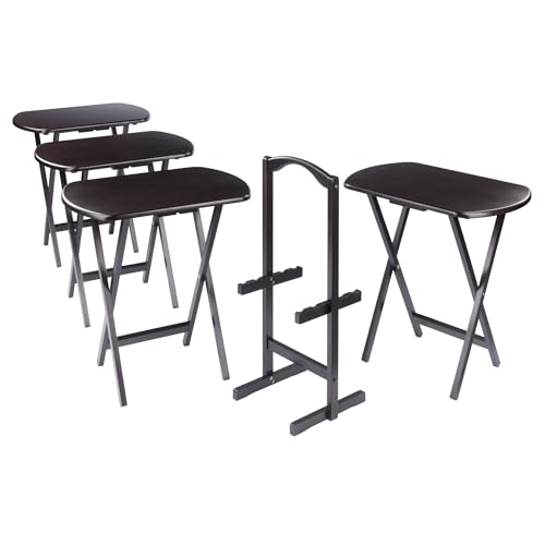 Image of Winsome Corbett Set of 4 Oversized Foldable Snack Tables with Storage Rack, Easy to Store Portable Fold Up Table Set for Kitchen, Living Room TV Dining, Crafts, Puzzles, Work from Home