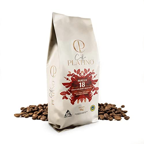 Café Platino - Café en Grano Natural 1Kg Colombia Supremo Tostado Malla 18-100% Arábica - Selección Gourmet Certificada por la Federación Nacional de Cafeteros de Colombia