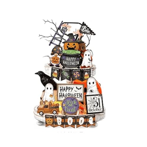 1 Sets Halloween Tiered Tray Decor Set Happy Halloween Wooden Signs Rustic Table Centerpieces Farmhouse Decor for Home Table (Colorful Tray Not Included)
