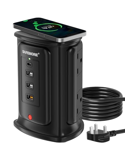 SAFEMORE Tower Extension Lead with 10W Wireless Charger, 4 AC Outlets with 3 USB A Slots,1 USB C Port(PD 18W Faster charger), 2M Extension Cable for Home,Office,School,Hotel