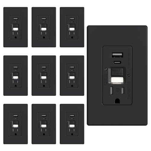 ELEGRP GFCI Outlet with USB Ports and Nightlight, 15 Amp Self-Test GFCI Combination with USB Ports, Tamper Resistant GFCI USB Outlet w/Nightlight, Wall Plate Included, UL Listed, Matte Black, 10 Pack